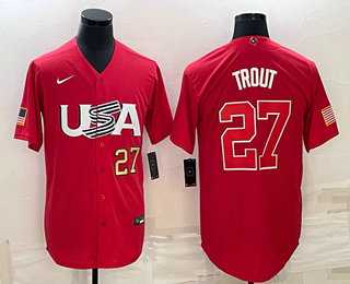 Mens USA Baseball #27 Mike Trout Number 2023 Red World Classic Stitched Jersey->2023 world baseball classic->MLB Jersey